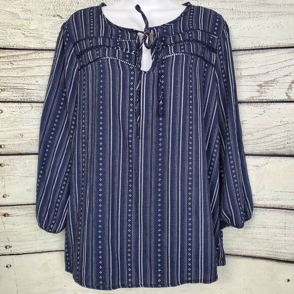 Como Vintage Women’s Navy Blue Striped Boho Peasant Top L Tie Neck Long Sleeve - Picture 1 of 7
